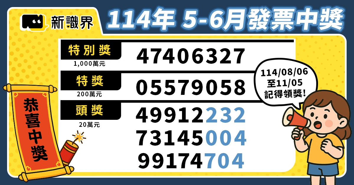 114 年統一發票開獎號碼 5、6 月出爐！千萬特別獎號碼是？快速查詢這篇看