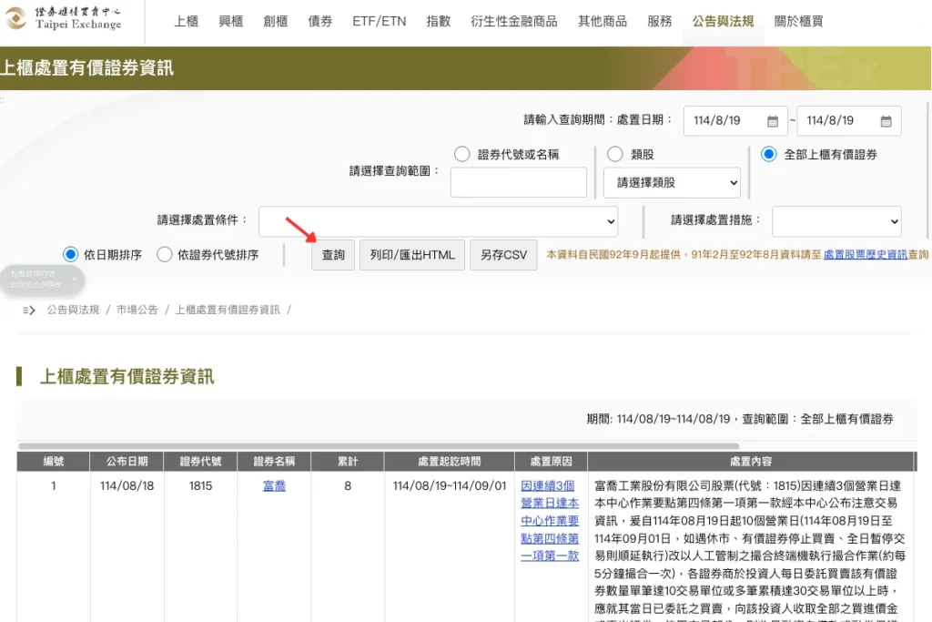 上櫃處置股查詢頁面