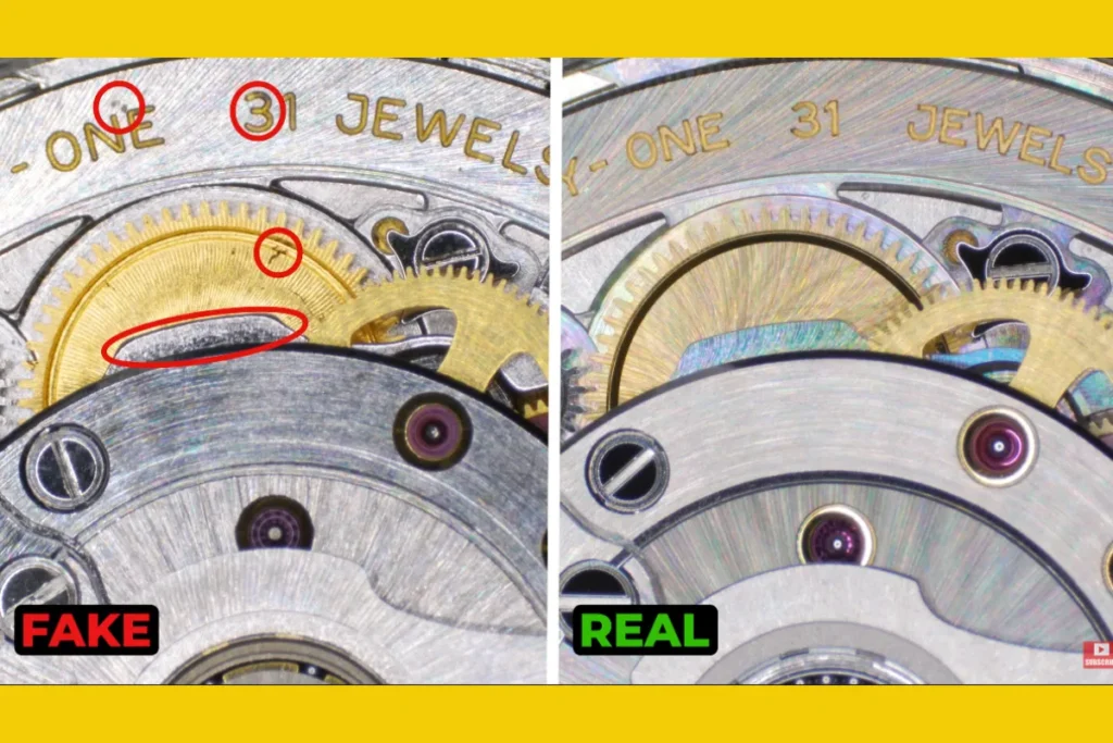 勞力士真假分辨技巧:機芯拋光與藍色游絲差異圖 / 圖片取自 Youtube CRM Jewelers