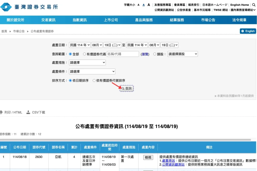 上市處置股查詢頁面