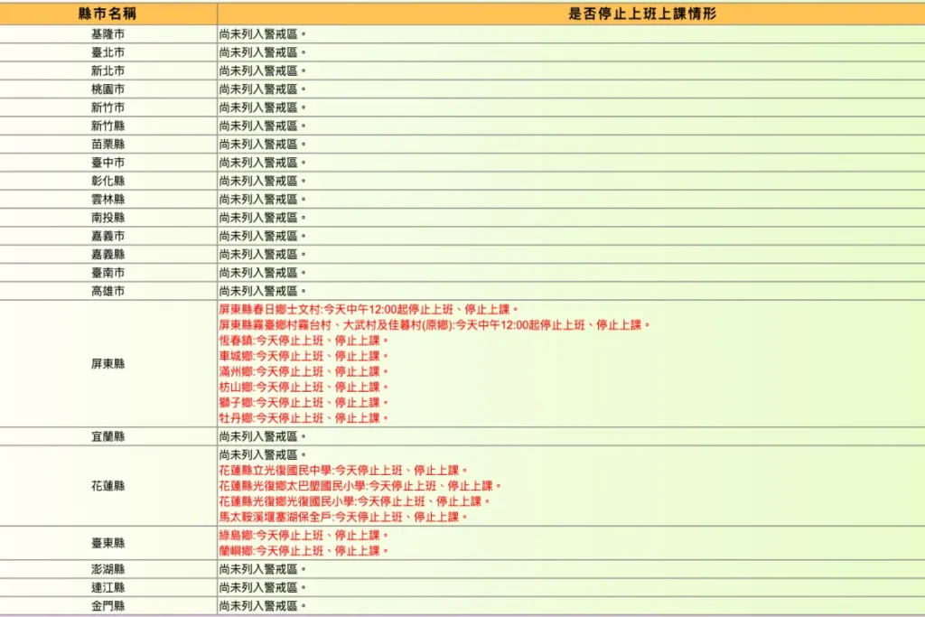 停班停課最新通知會在行政院人事行政總處統一發佈停班課結果