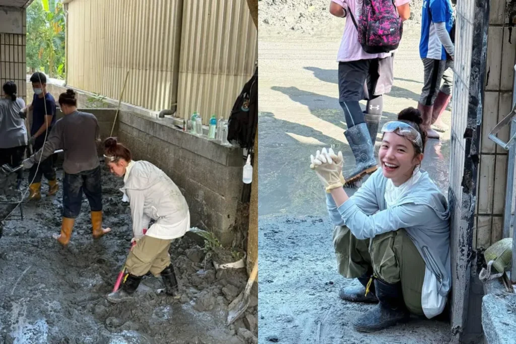 啦啦隊女神李多慧剛開始使用鏟子還不太熟悉，依然全力協助救災
