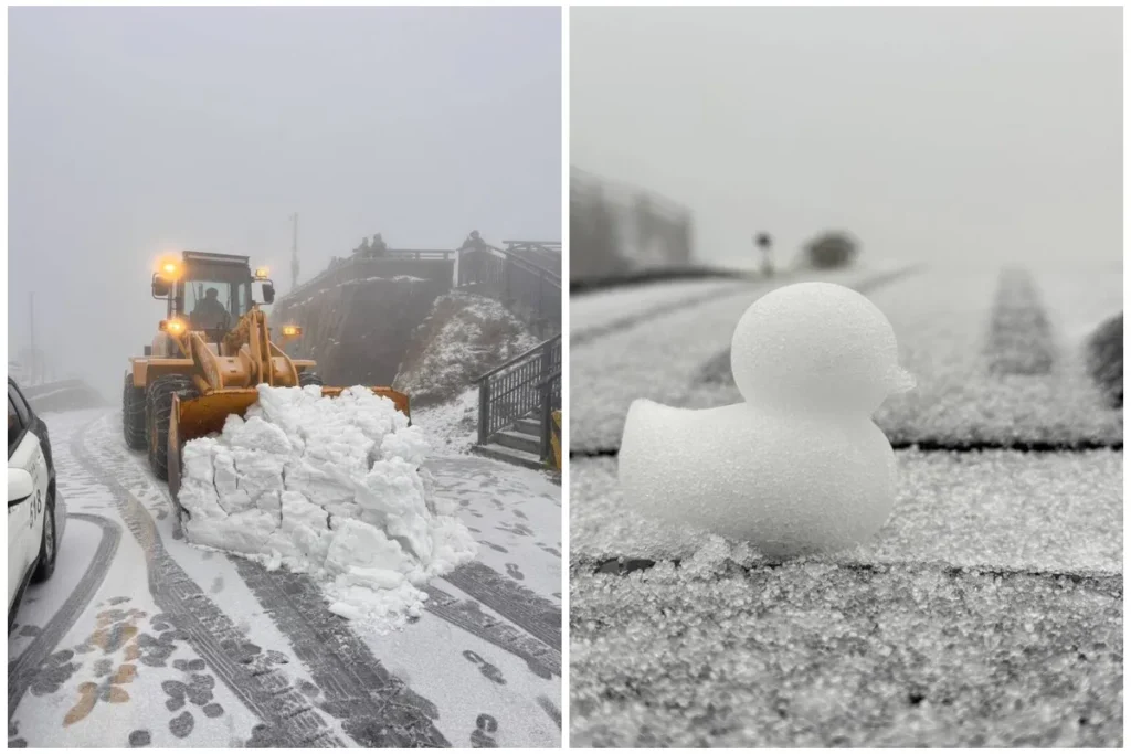 12/25 合歡山下雪了！民眾興奮堆起小鴨雪人