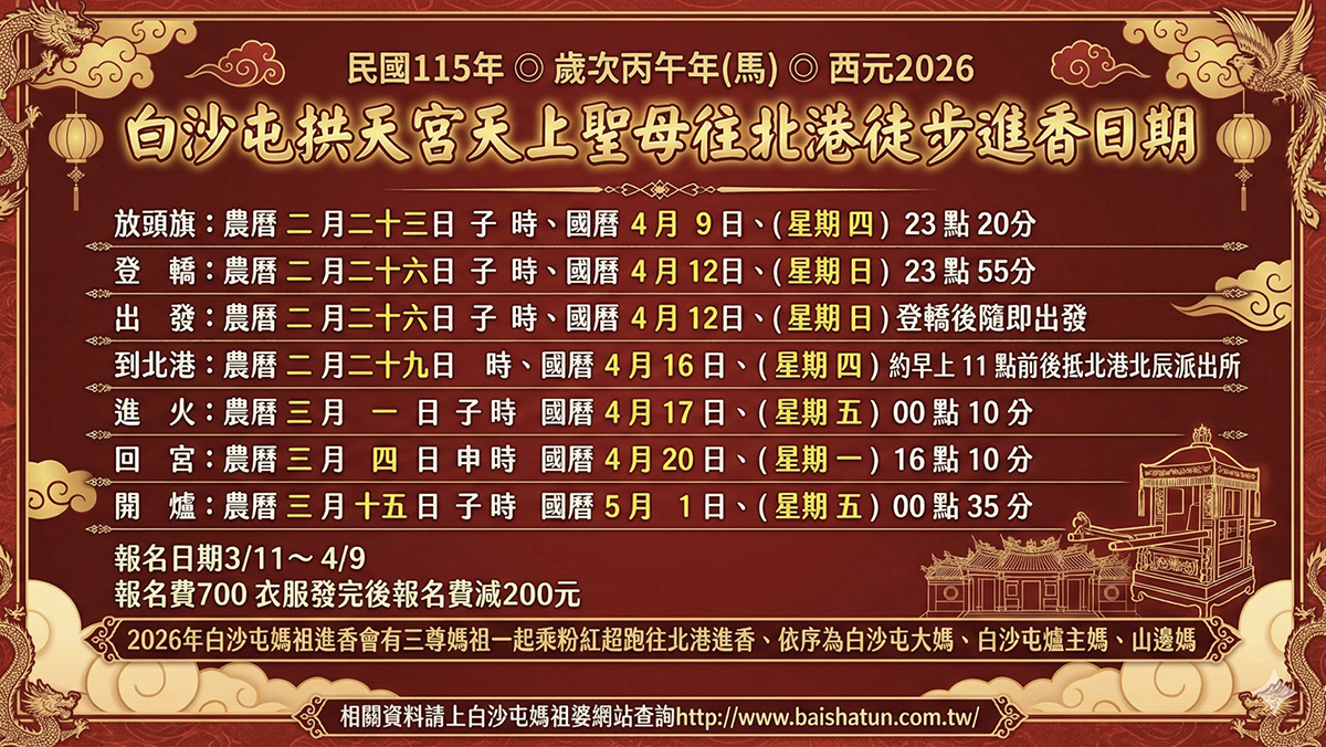 白沙屯媽祖2026進香日期與行程表