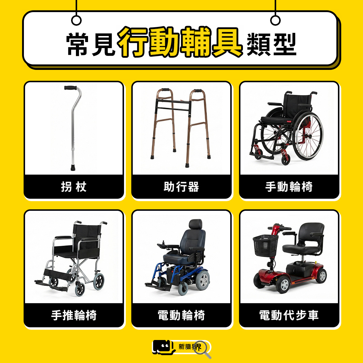 常見行動輔具類型與適合對象（拐杖、助行器、手動輪椅、手推輪椅、電動輪椅、電動代步車）