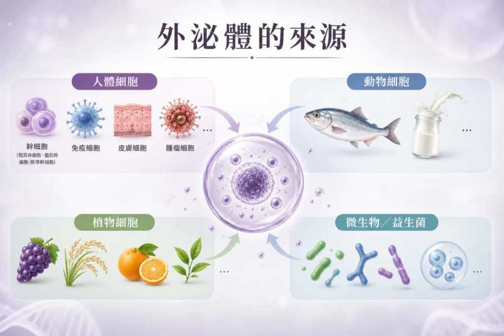 外泌體來源：人體、動物、植物或微生物