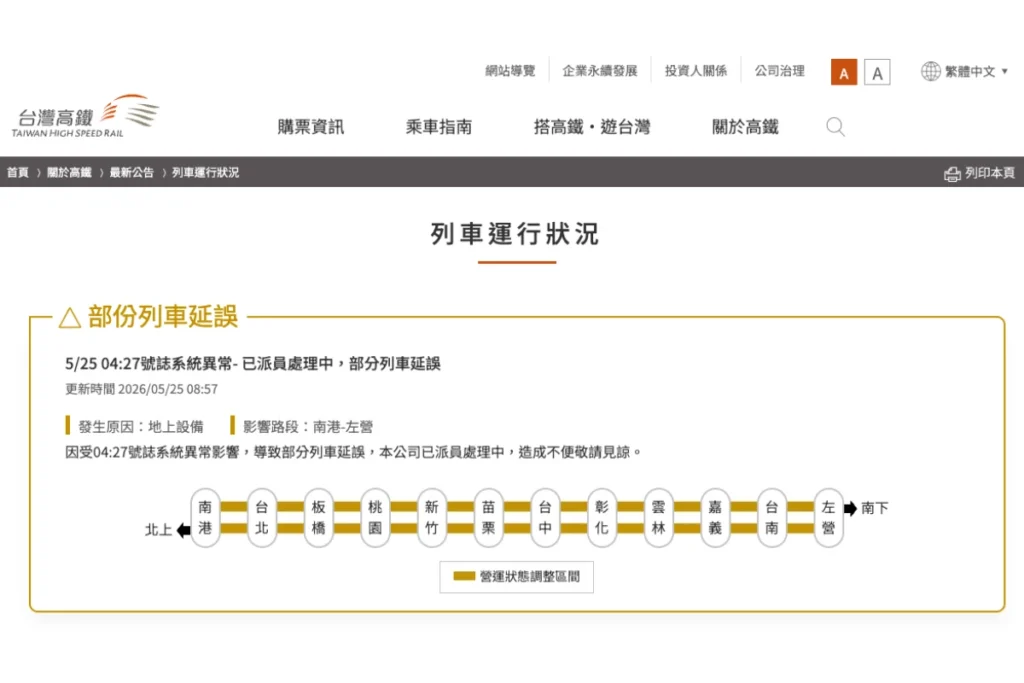 高鐵延誤原因:苗栗段號誌異常