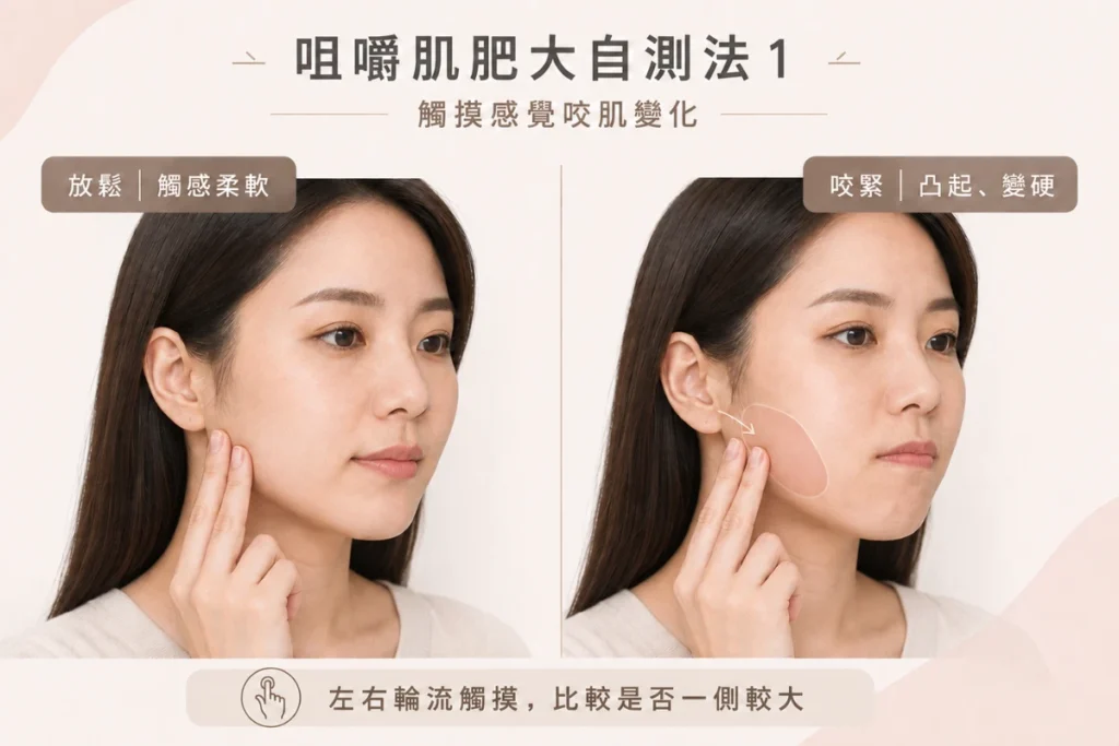 咀嚼肌測試方法:輕輕按著下顎,感受用力時肌肉是否突出變硬