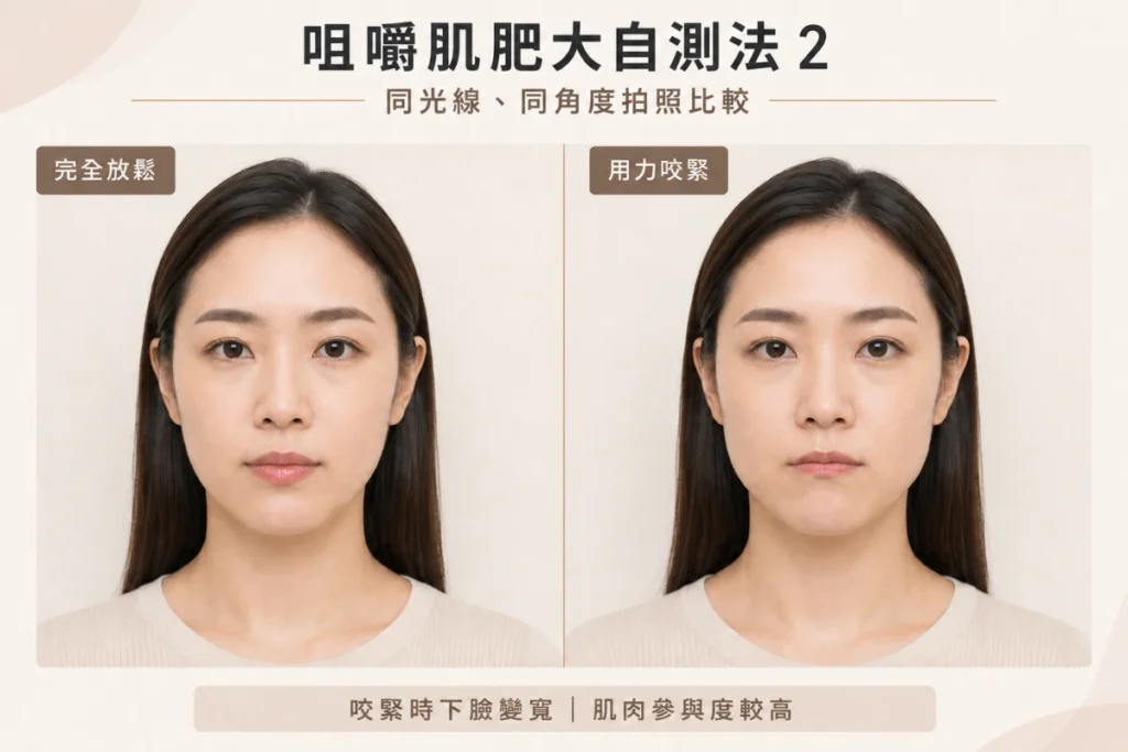 咀嚼肌測試方法:拍照比對用力咬合前後差異