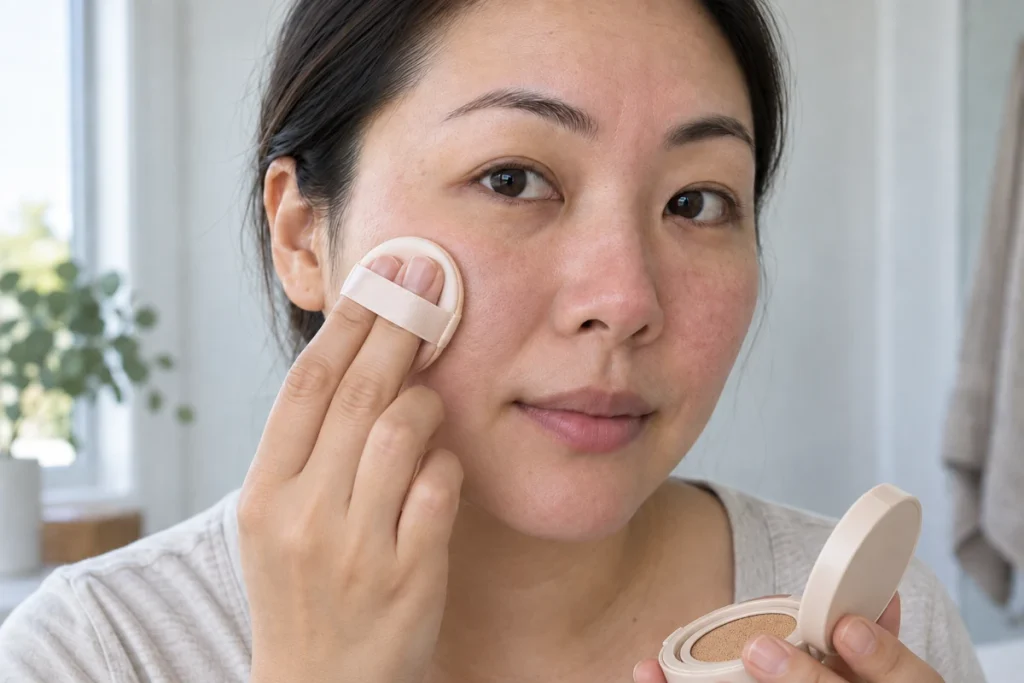 酒糟肌化妝第 5 步：上粉狀底妝