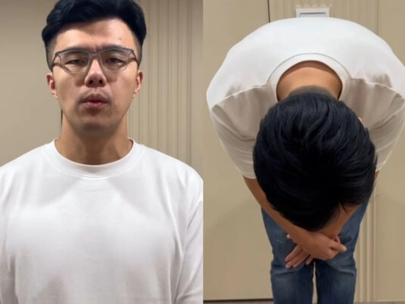 佀廣洋穿白色上衣鞠躬道歉的兩張畫面