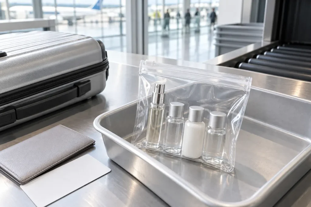搭乘飛機的行李每樣液體容器不超過100毫升,並需放入容量不超過一公升的透明可密封塑膠袋,在安檢時單獨取出。