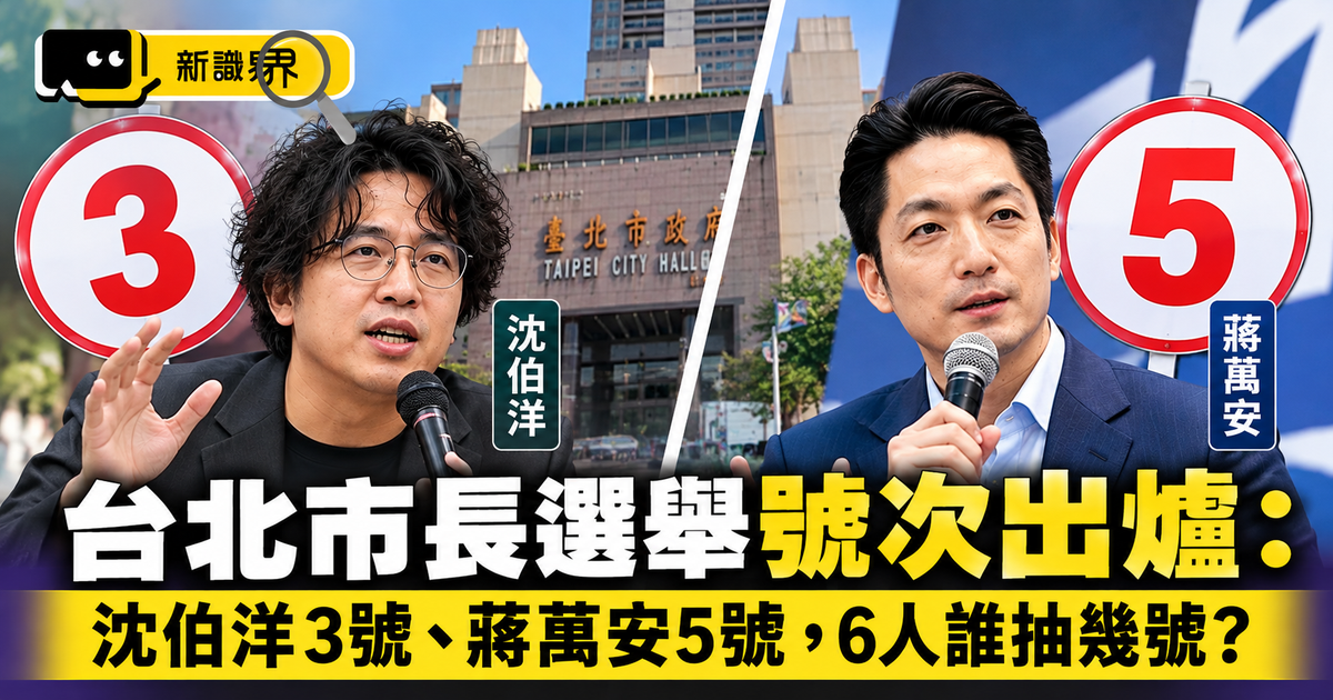 台北市長選舉號次出爐：沈伯洋3號、蔣萬安5號，6人誰抽幾號？