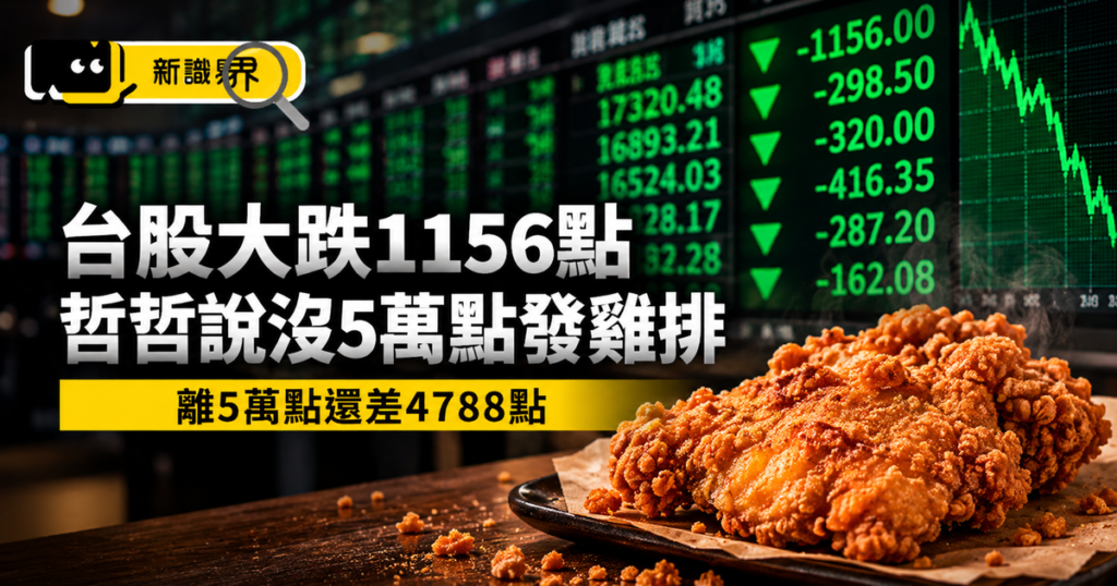 台股大跌1156點，哲哲說沒5萬點就發雞排，現在還差多少？