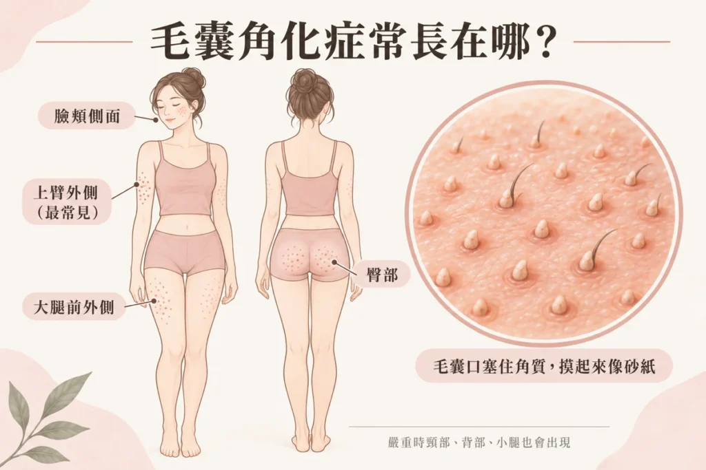 毛囊角化症常出現在大腿前外側、臉頰側面、臀部